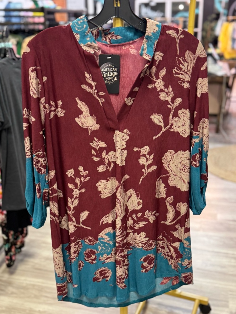Agnes & Dora Burgundy and‎ Teal Floral V-Neck Tunic